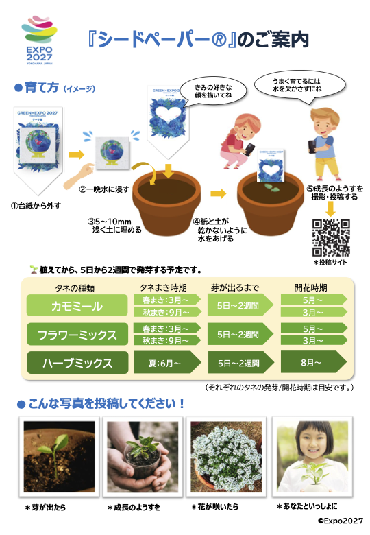 『シードペーパーのご案内』GREENxEXPO 2027オリジナル『シードペーパー』セット。植物の種がすきこまれたシードペーパー本体、シードペーパーの育て方や投稿キャンペーンの参加方法を掲載した台紙が1セットとなります。＊植え付け後、5日から2週間で発芽する予定です。